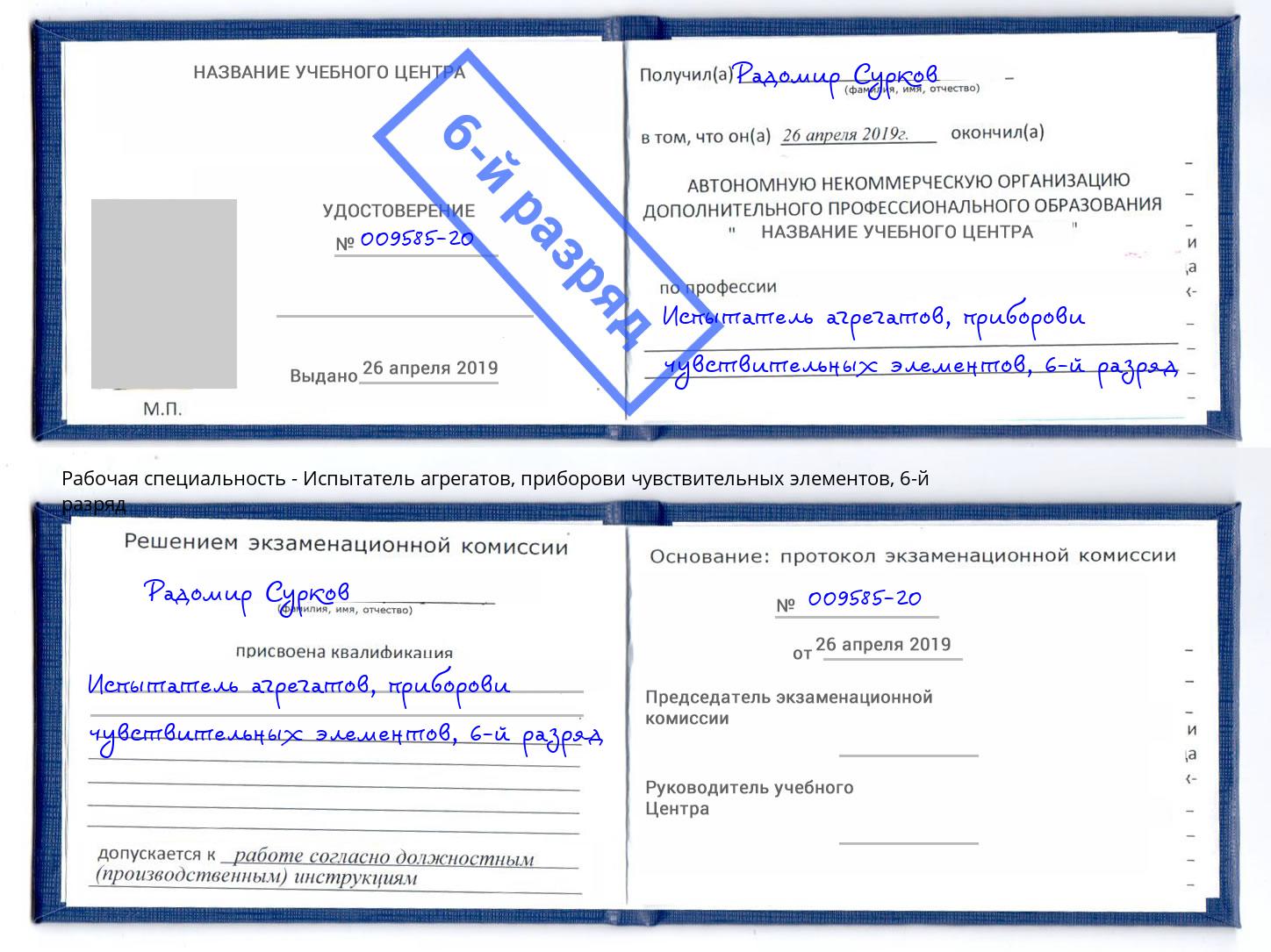 корочка 6-й разряд Испытатель агрегатов, приборови чувствительных элементов Новороссийск