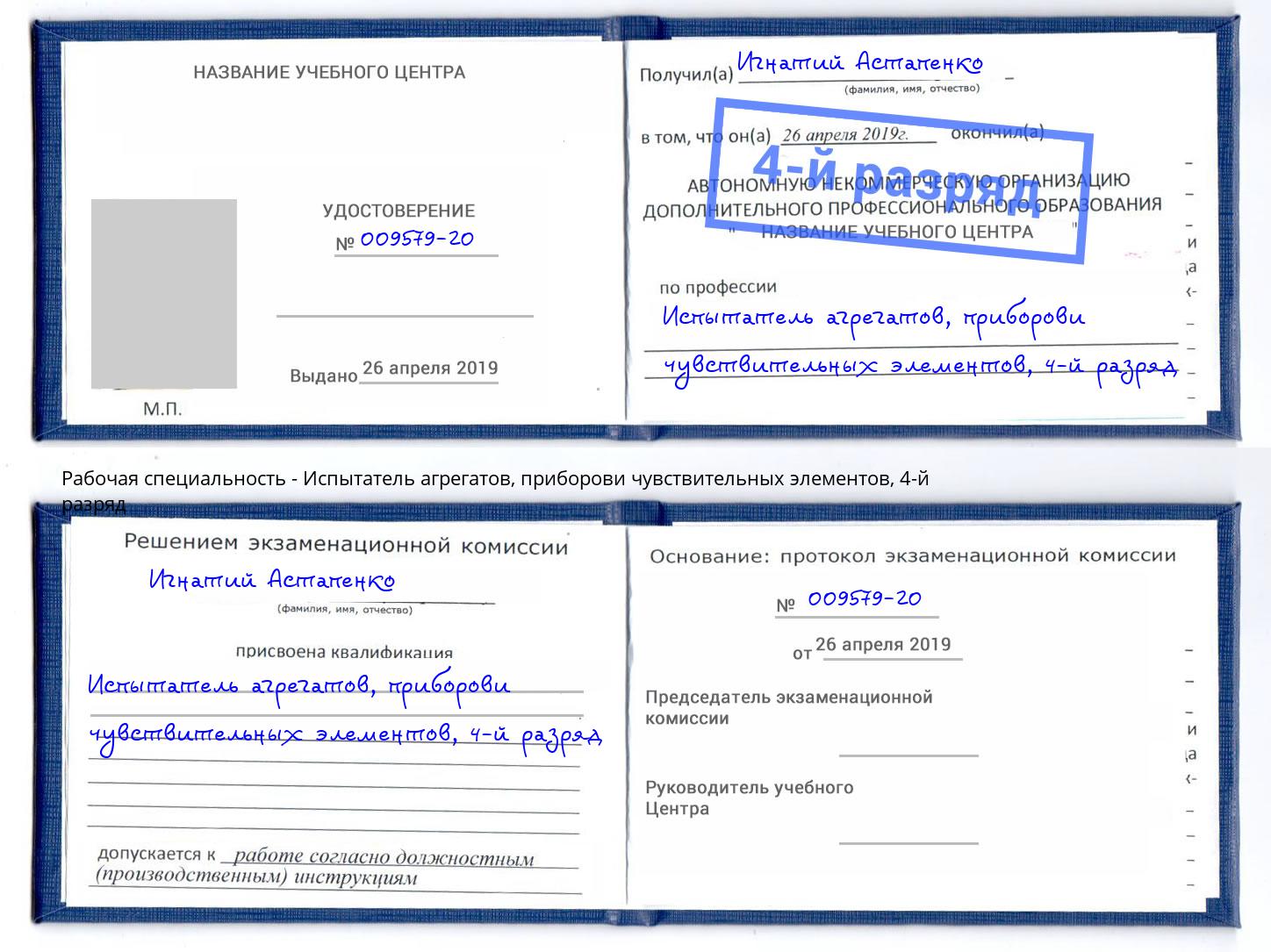 корочка 4-й разряд Испытатель агрегатов, приборови чувствительных элементов Новороссийск