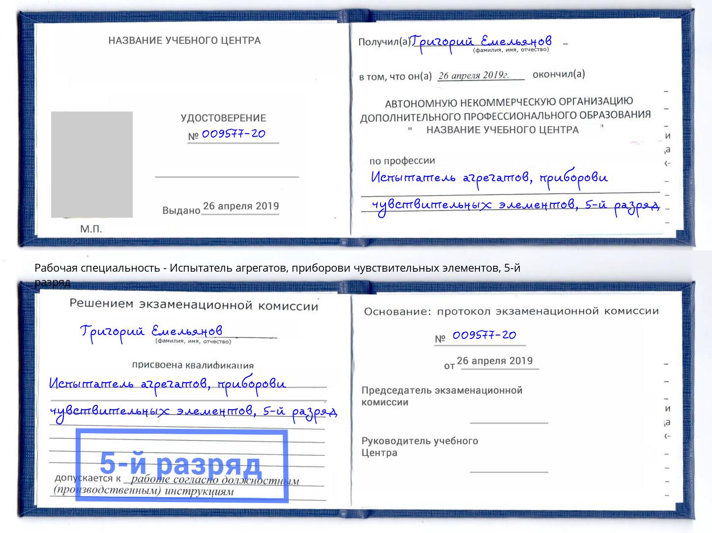 корочка 5-й разряд Испытатель агрегатов, приборови чувствительных элементов Новороссийск