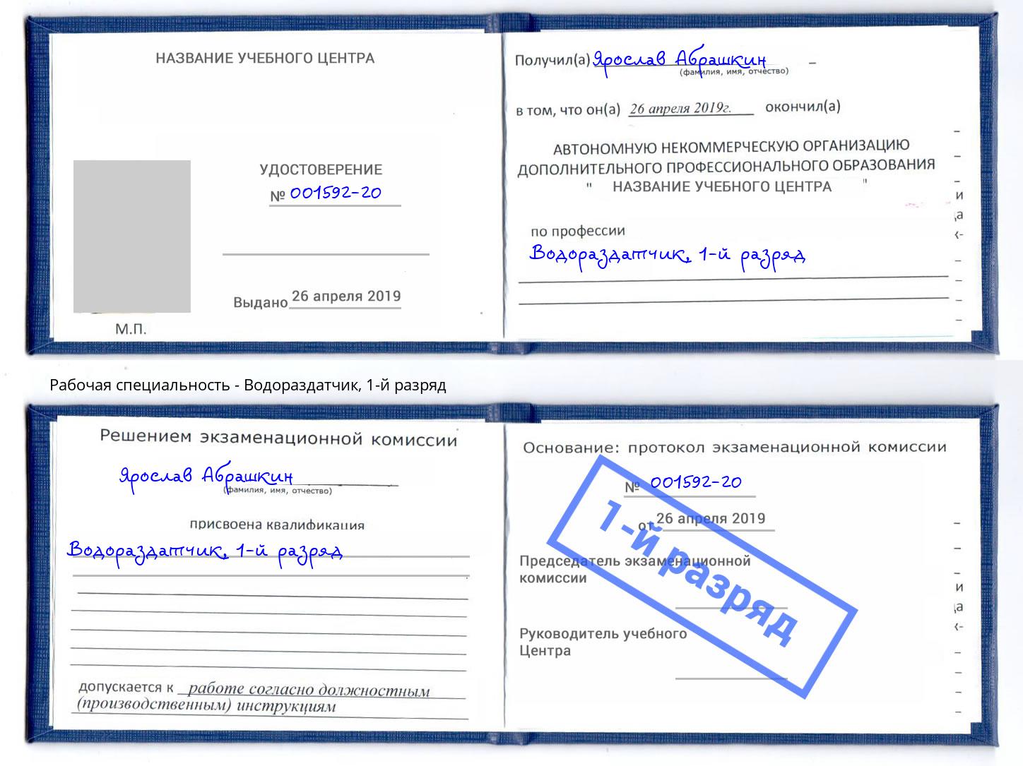 корочка 1-й разряд Водораздатчик Новороссийск