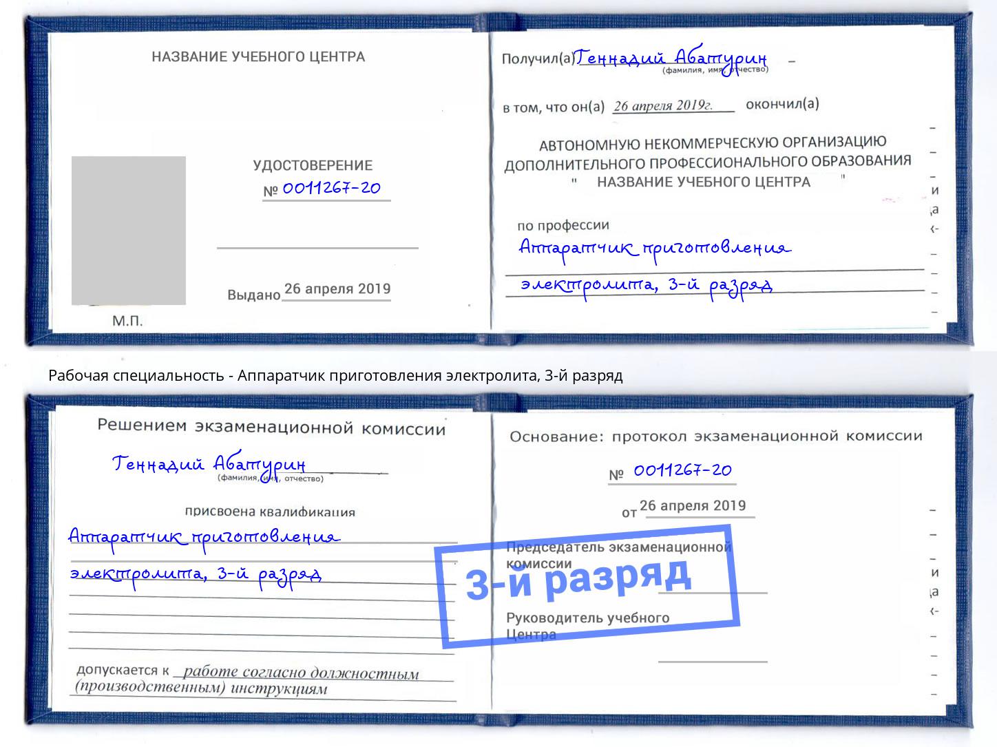корочка 3-й разряд Аппаратчик приготовления электролита Новороссийск