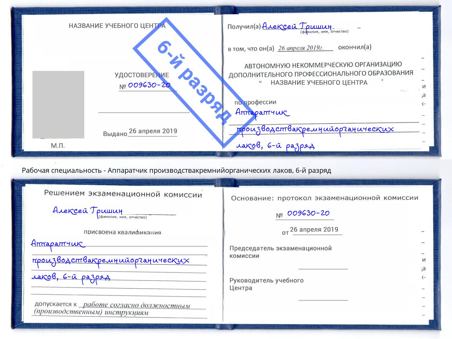 корочка 6-й разряд Аппаратчик производствакремнийорганических лаков Новороссийск