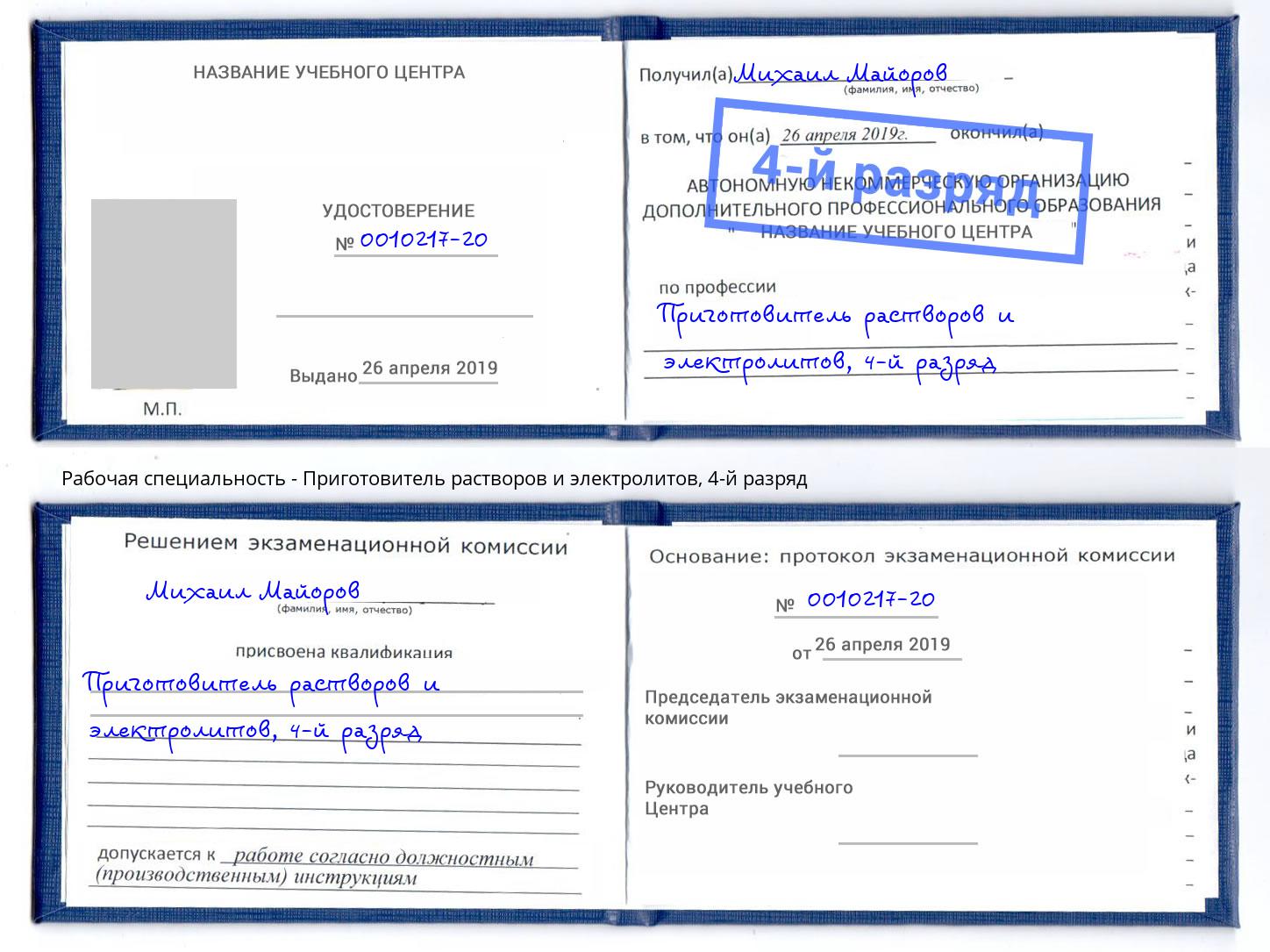 корочка 4-й разряд Приготовитель растворов и электролитов Новороссийск