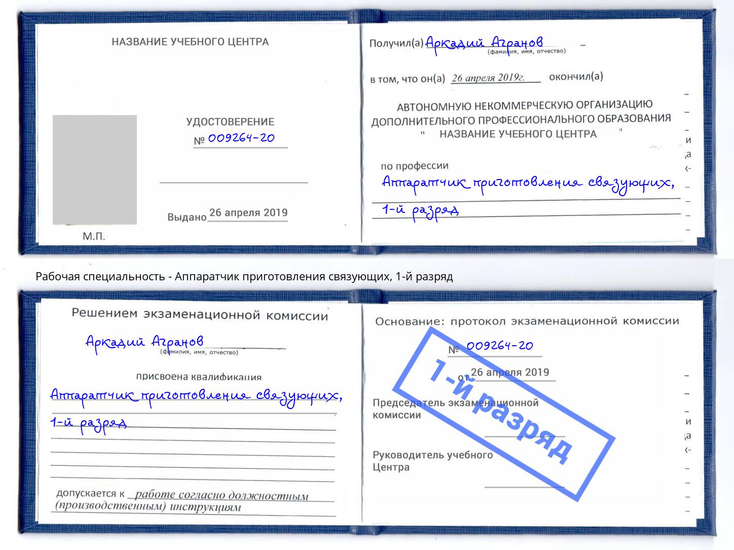 корочка 1-й разряд Аппаратчик приготовления связующих Новороссийск