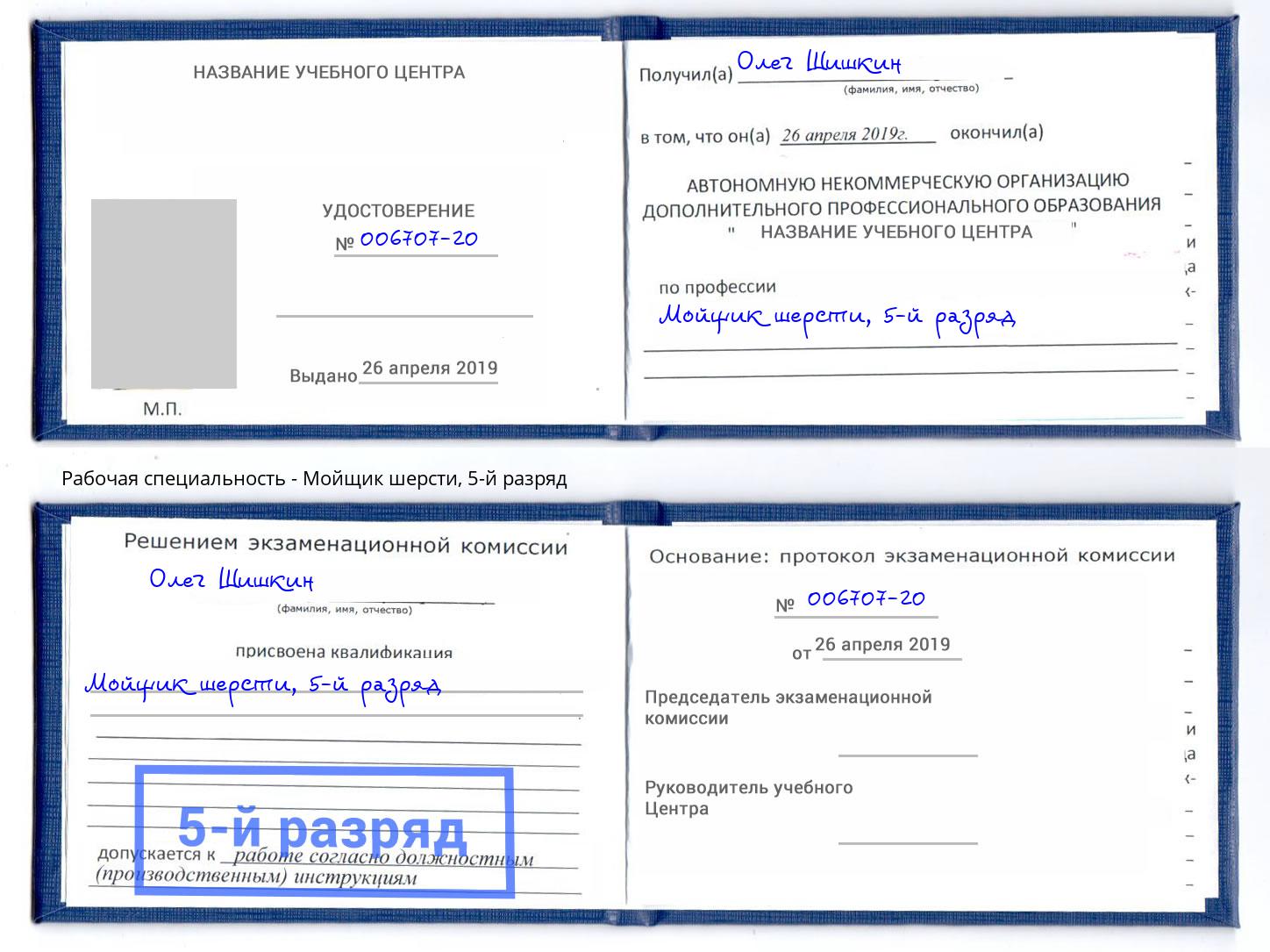 корочка 5-й разряд Мойщик шерсти Новороссийск