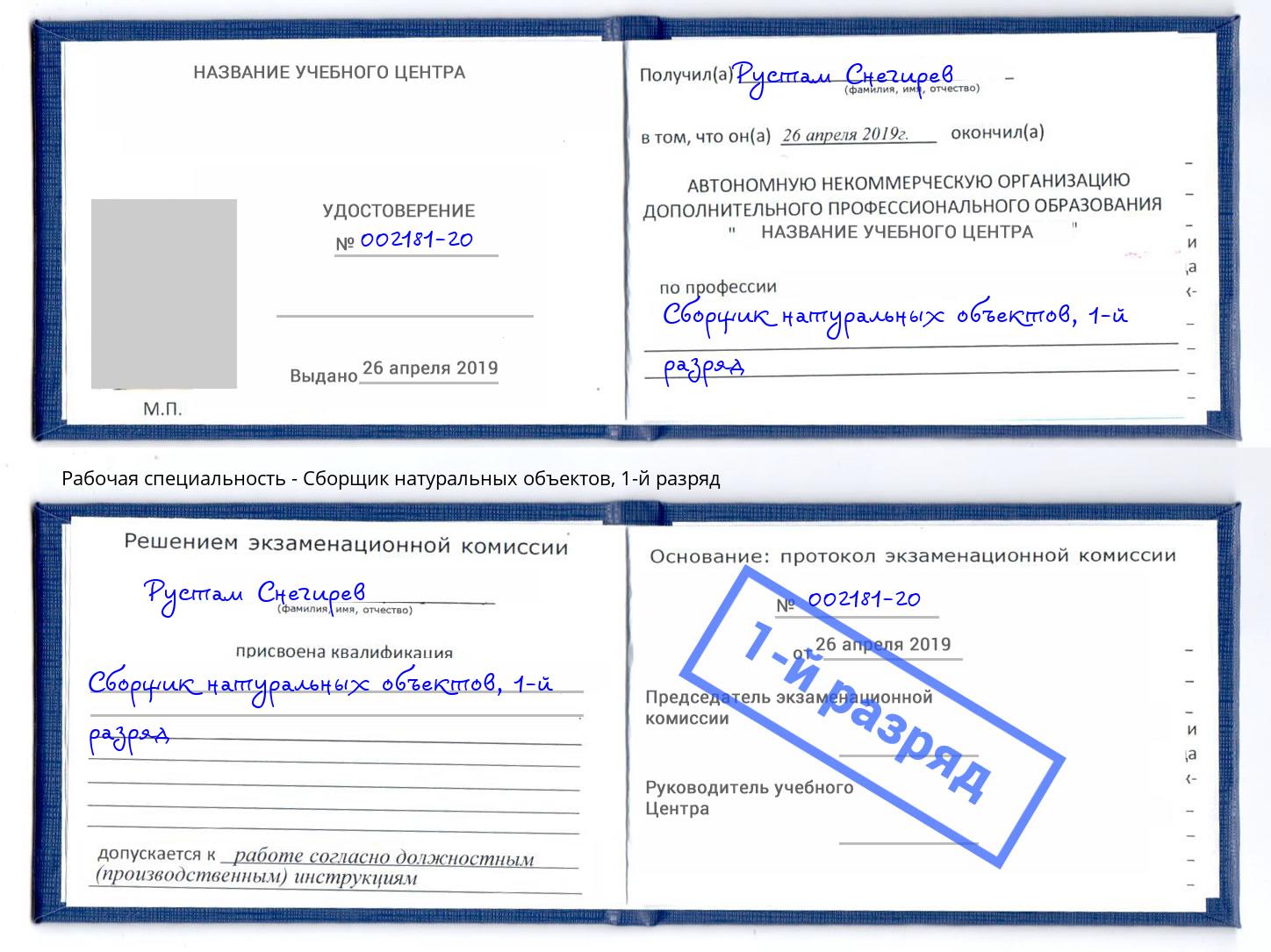 корочка 1-й разряд Сборщик натуральных объектов Новороссийск