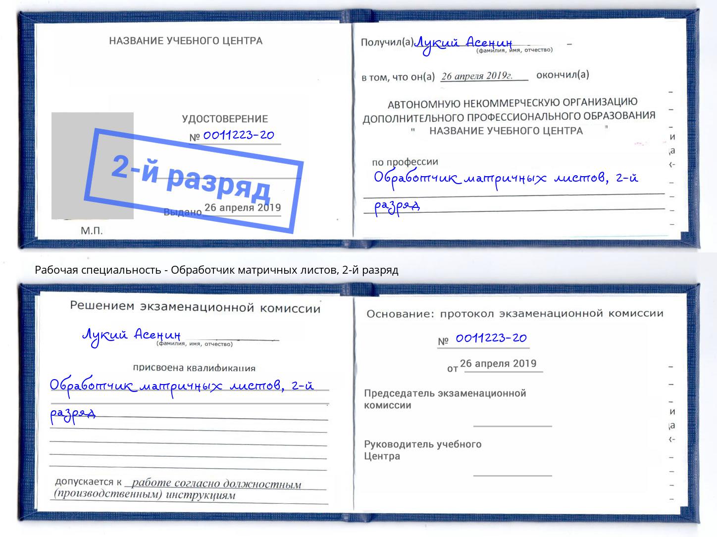 корочка 2-й разряд Обработчик матричных листов Новороссийск