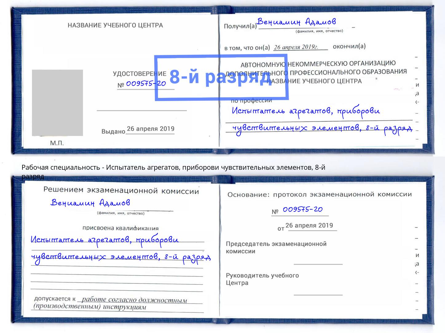 корочка 8-й разряд Испытатель агрегатов, приборови чувствительных элементов Новороссийск